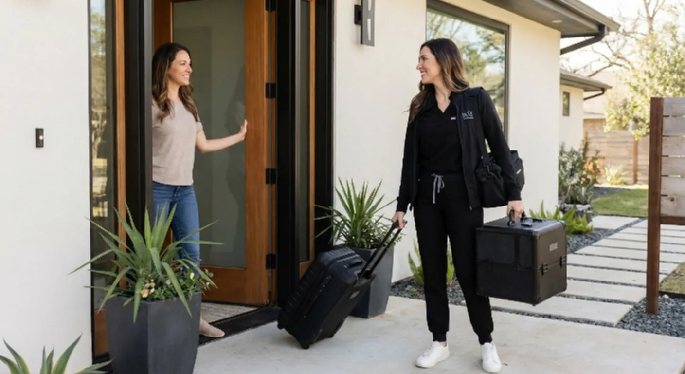 Esthéticienne à domicile avec sa mallette professionnelle