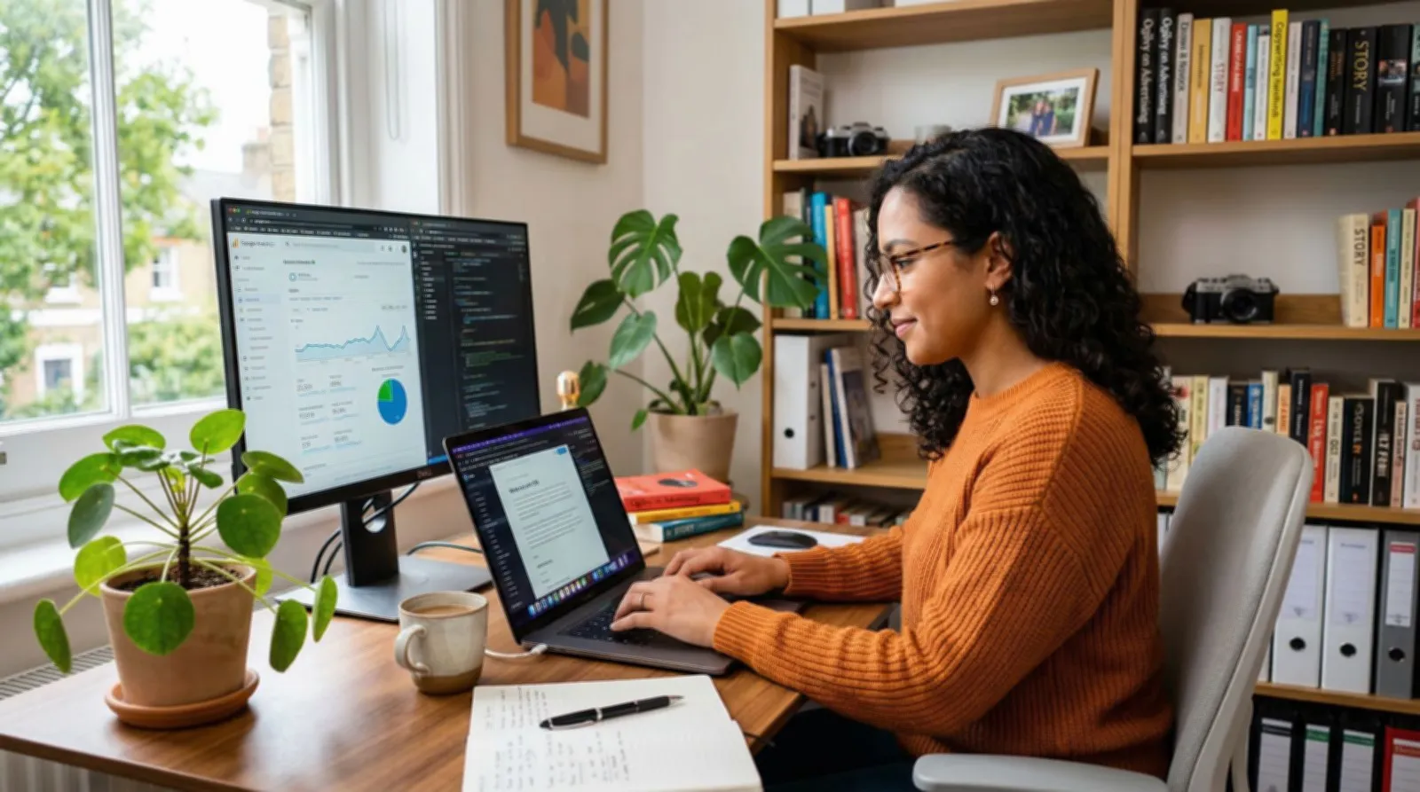 Un espace de travail moderne ou un redacteur web freelance redige du contenu optimise SEO sur son ordinateur portable, entoure de notes et d'un cahier de brief redactionnel dans une ambiance lumineuse et productive